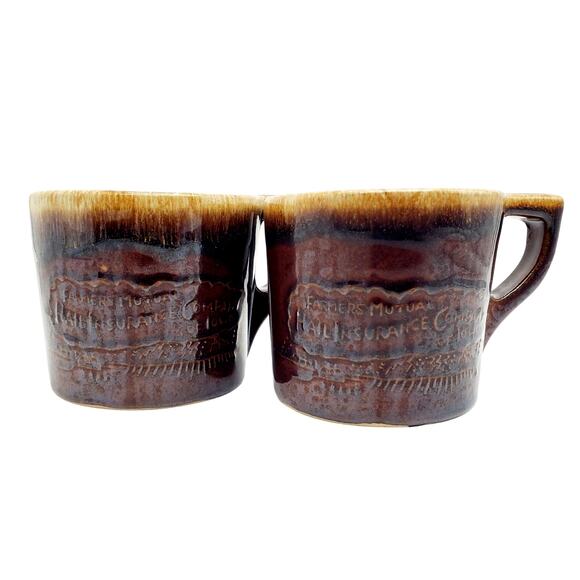 2 Western Stoneware Mug Farmers Mutual Insurance Iowa Brown Drip Glaze Coffee - Picture 1 of 11